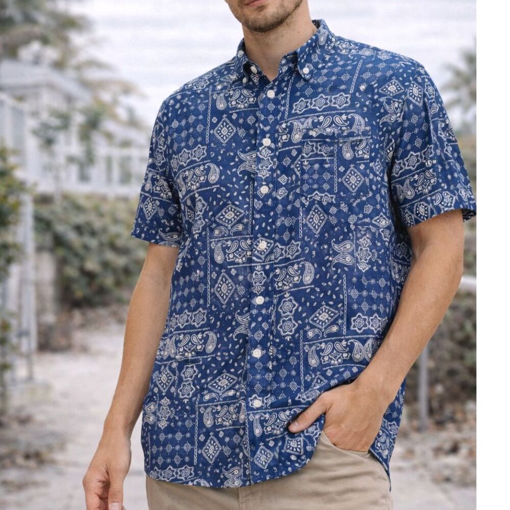 Gitman Bros Vintage Blue Bandana Print Short Sleeve Button Down Shirt Size M USA